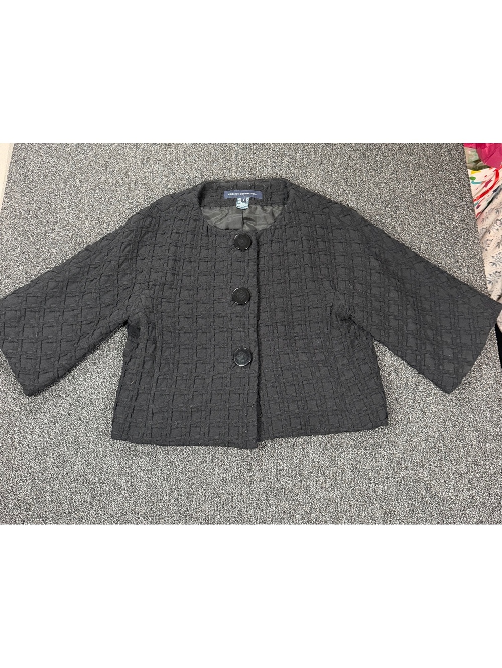French Connection Black Textured Wool Blend Cropped Jacket Size 6